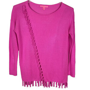Lilly Pulitzer Emberly Sweater Size XS Mandevilla Pink Fringe Tropical Beach Fun